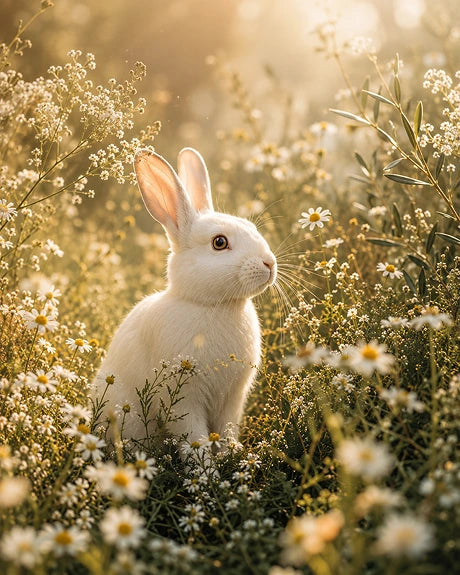 White rabbit in a flower meadow